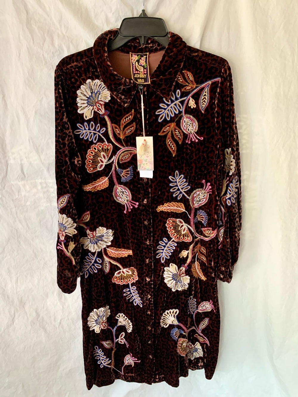 NWT Johnny Was Brown Velvet Embroidered Gineva Shirt Dress